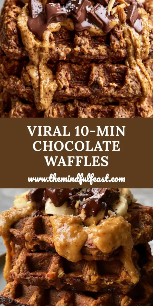 A stack of three chocolate almond oat waffles with melting chocolate chunks and almond butter drizzle on a matte plate.