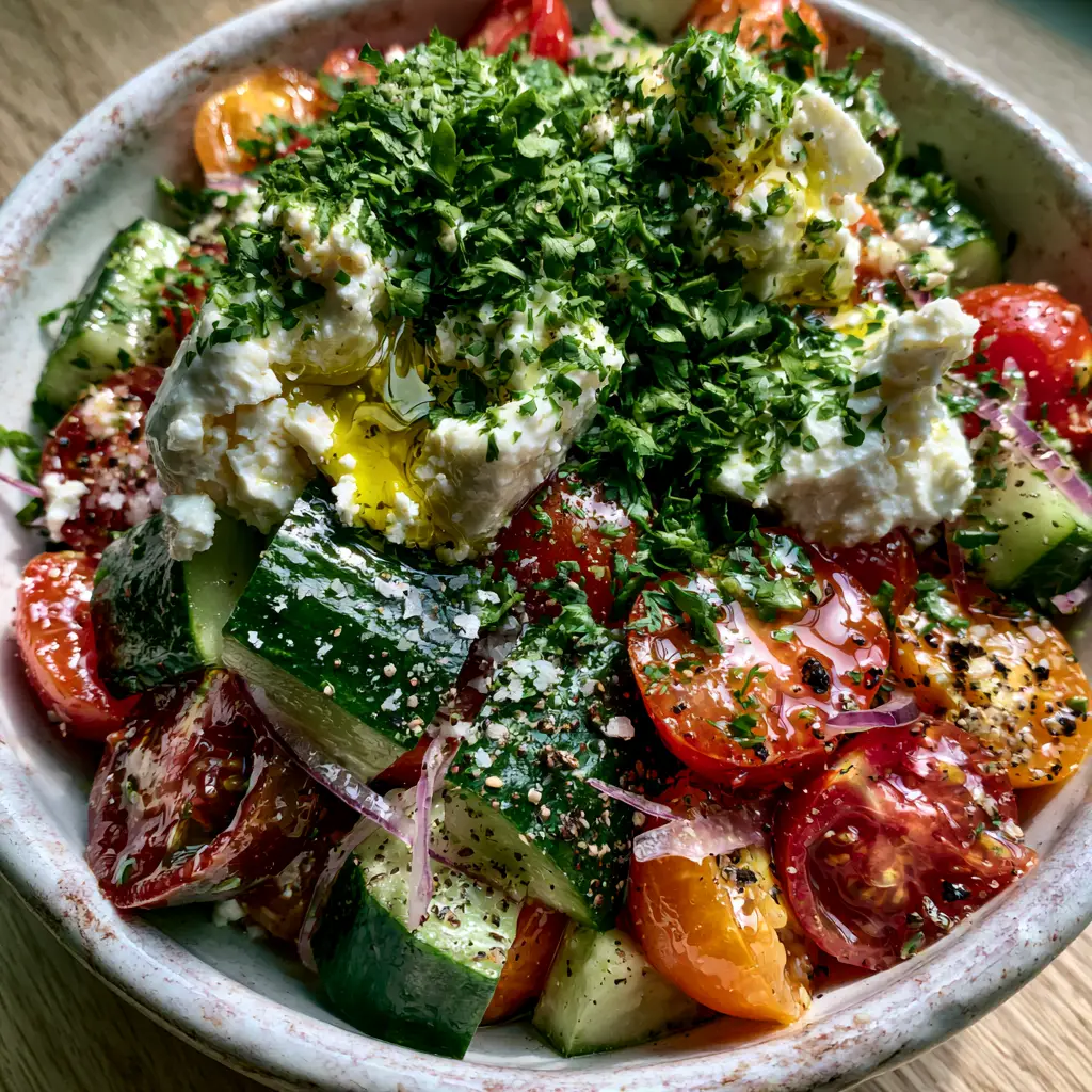 Cucumber Onion Tomato Salad: The Ultimate Vibrant Mediterranean Side 1 Overhead view of a Mediterranean Cucumber Onion Tomato Salad featuring large feta crumbles and translucent red onion moons.