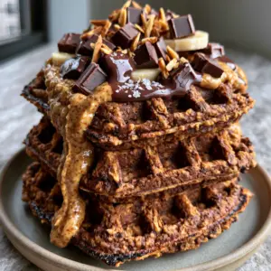 Thick golden-brown chocolate almond oat waffles with deep crispy pockets and melting dark chocolate.