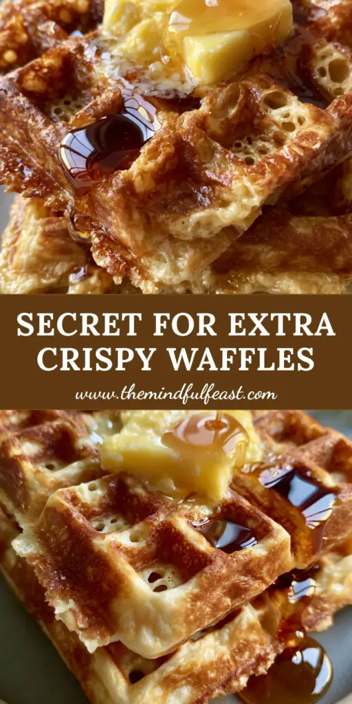 Golden Butter Waffles: The Ultimate Shatter-Crisp Belgian Recipe 4 A stack of two thick Belgian golden butter waffles topped with a slab of melting salted butter and cascading amber maple syrup on a ceramic plate.