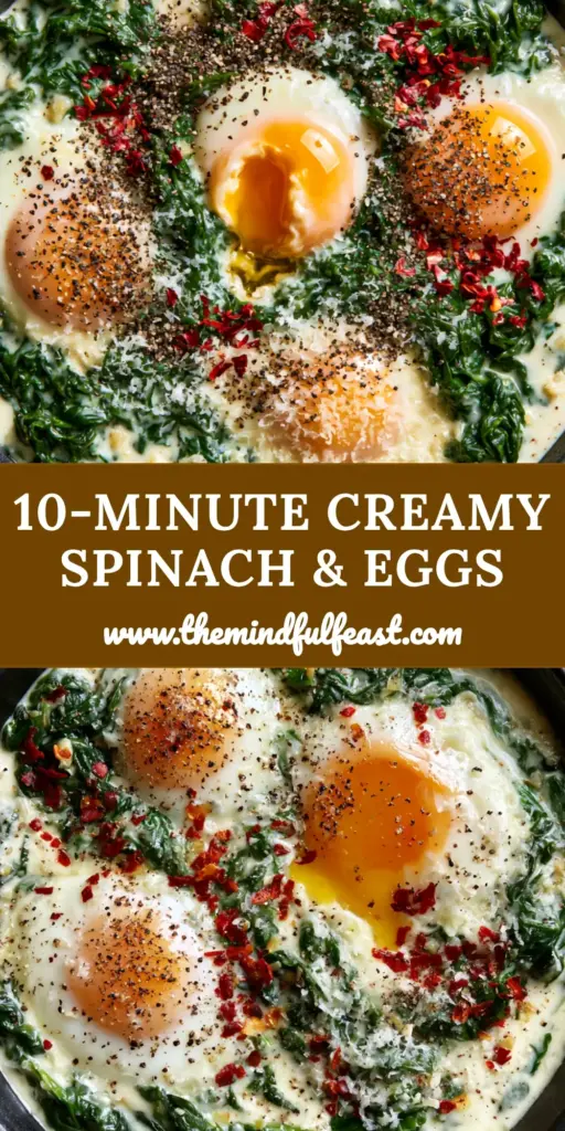 Creamy Spinach and Eggs: The Ultimate Skillet Breakfast Guide 4 A close-up top-down view of Creamy Spinach and Eggs in a matte black skillet with runny orange yolks and chili flakes.