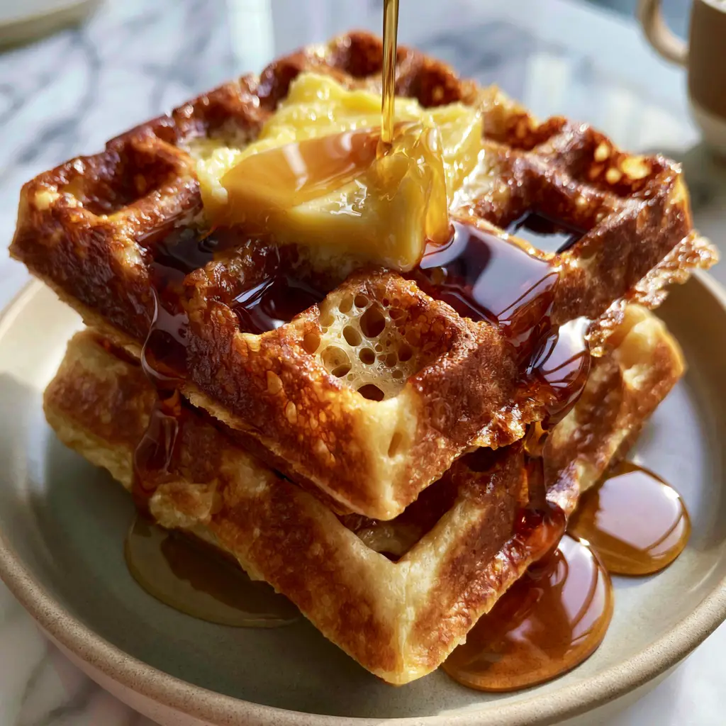 Golden Butter Waffles: The Ultimate Shatter-Crisp Belgian Recipe 2 Close-up of golden butter waffles showing the aerated holes and intense deep golden-brown crust texture.