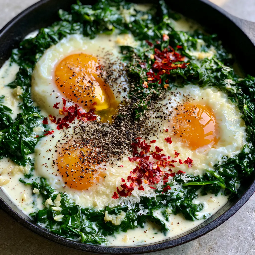 Creamy Spinach and Eggs: The Ultimate Skillet Breakfast Guide 2 Detailed shot of emerald green wilted spinach submerged in ivory cream sauce with garlic. (Creamy Spinach and Eggs)