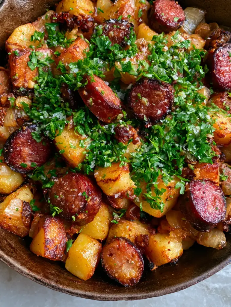 Close-up of caramelized onions, browned garlic, and vibrant green parsley scattered over fried potatoes and sausage. (sausage dinner ideas)