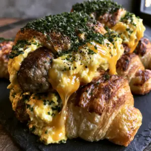Close-up of buttery, multi-layered Sausage Egg and Cheese Roll-Ups showing seared pork sausage and soft scrambled eggs.