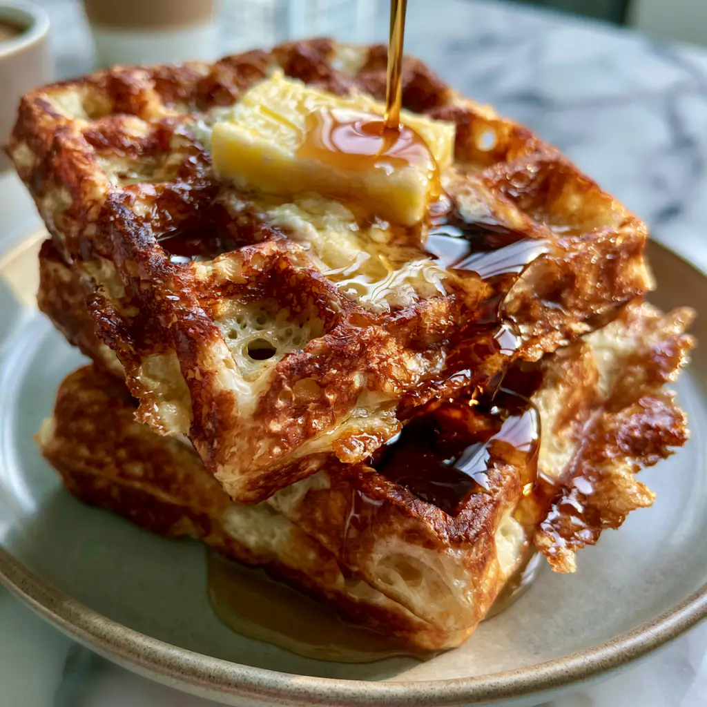 Golden Butter Waffles: The Ultimate Shatter-Crisp Belgian Recipe 1 High-gloss dark amber maple syrup pouring over the crispy edges of golden butter waffles with a marble background.