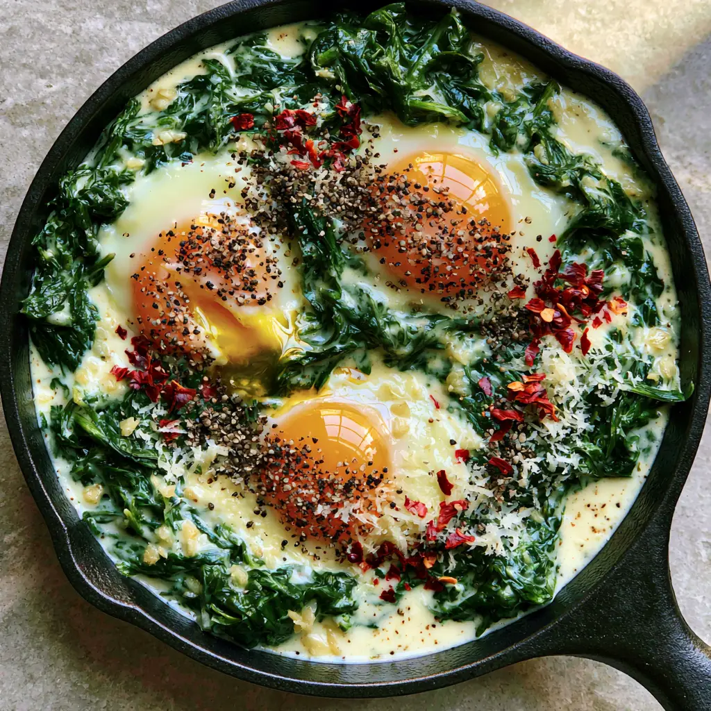 Creamy Spinach and Eggs: The Ultimate Skillet Breakfast Guide 1 Soft-cooked eggs with deep orange yolks nestled in creamy spinach garnished with parmesan and pepper.