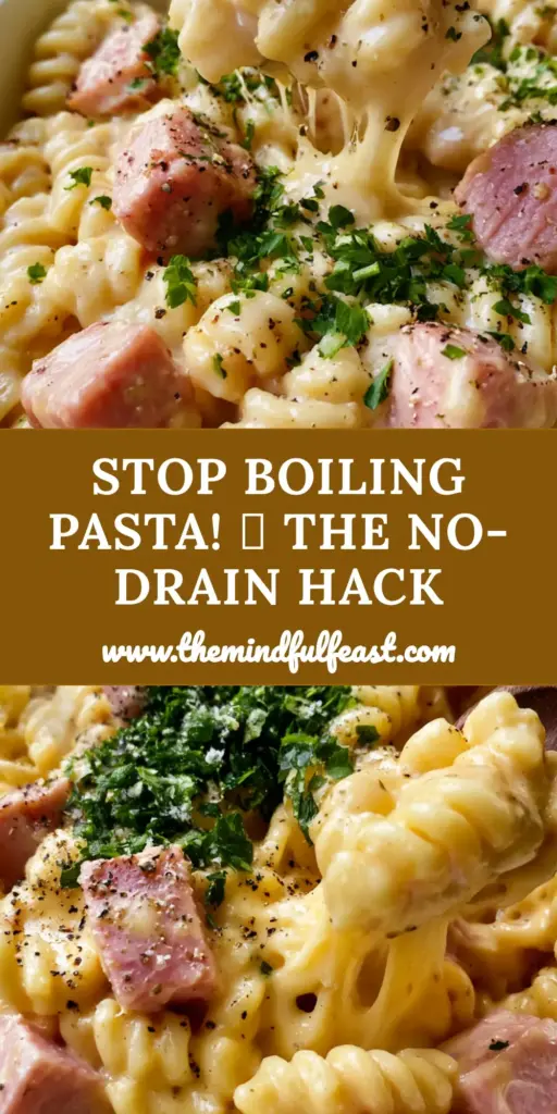 A handheld smartphone photo of a white ceramic bowl filled with Instant Pot ham and cheese pasta, featuring a wooden spoon lifting a gooey cheese stretch.