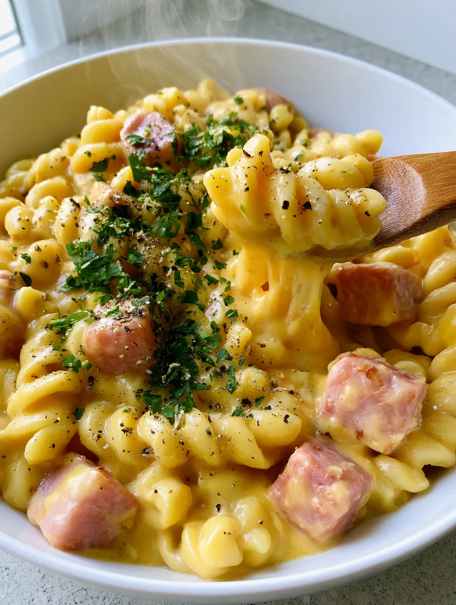 Close-up of rotini pasta in a glossy cheddar sauce with rustic cubes of honey-glazed ham and fresh parsley. (Instant Pot Ham and Cheese Pasta)