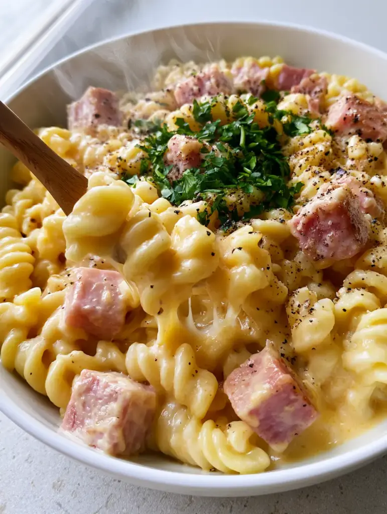 A steaming bowl of Instant Pot ham and cheese pasta on a grey stone countertop with natural lighting.