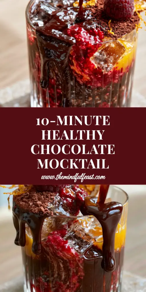 Fruit Cocoa Punch: The Ultimate Refreshing Gourmet Chocolate Mocktail 4 A sleek ribbed crystal glass filled with Fruit Cocoa Punch featuring swirls of orange juice and raspberry puree over clear ice.