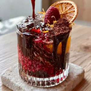 Dynamic pour of dark cocoa liquid into a glass with orange juice and raspberries. (Fruit Cocoa Punch)