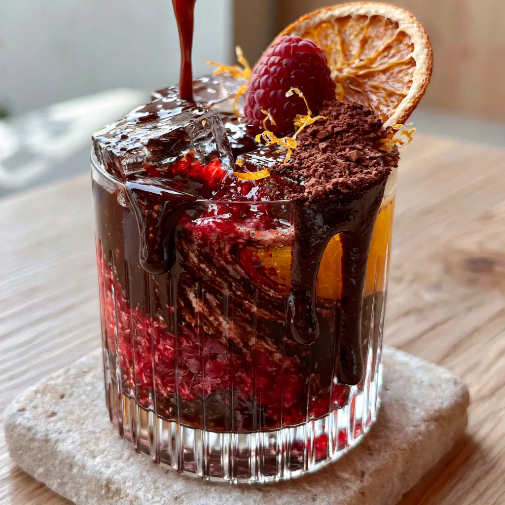 Fruit Cocoa Punch: The Ultimate Refreshing Gourmet Chocolate Mocktail 2 Dynamic pour of dark cocoa liquid into a glass with orange juice and raspberries. (Fruit Cocoa Punch)