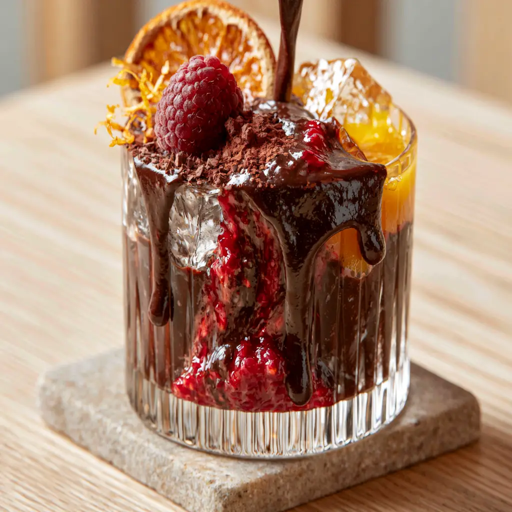 Fruit Cocoa Punch: The Ultimate Refreshing Gourmet Chocolate Mocktail 1 Close up of Fruit Cocoa Punch garnished with a dehydrated orange wheel and fresh raspberry.