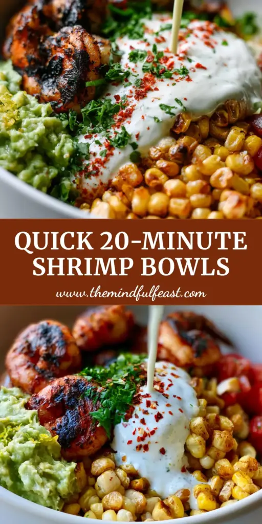 Grilled Shrimp and Avocado Bowls with Creamy Cilantro-Lime Sauce 4 A vibrant Grilled Shrimp and Avocado Bowl featuring blackened shrimp, chunky avocado, and roasted corn in a white ceramic bowl. (Grilled Shrimp and Avocado Bowls)