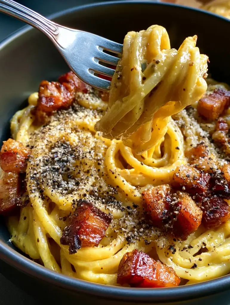 Italian Carbonara: The Definitive Guide to a Glossy Roman Masterpiece 2 Extreme macro of glossy pale-yellow egg and pecorino emulsion coating spaghetti strands with glistening guanciale cubes.