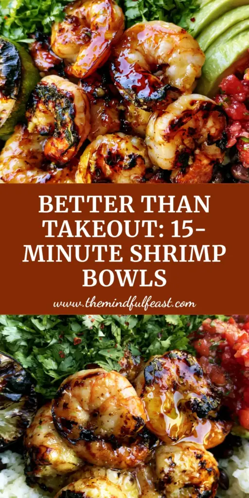 Cilantro Lime Shrimp Bowls with Garlic Butter and Charred Lime 3 A vertical high-angle photo of a vibrant Cilantro Lime Shrimp Bowl featuring garlic butter shrimp, rice, black beans, and avocado. (Cilantro Lime Shrimp Bowls)
