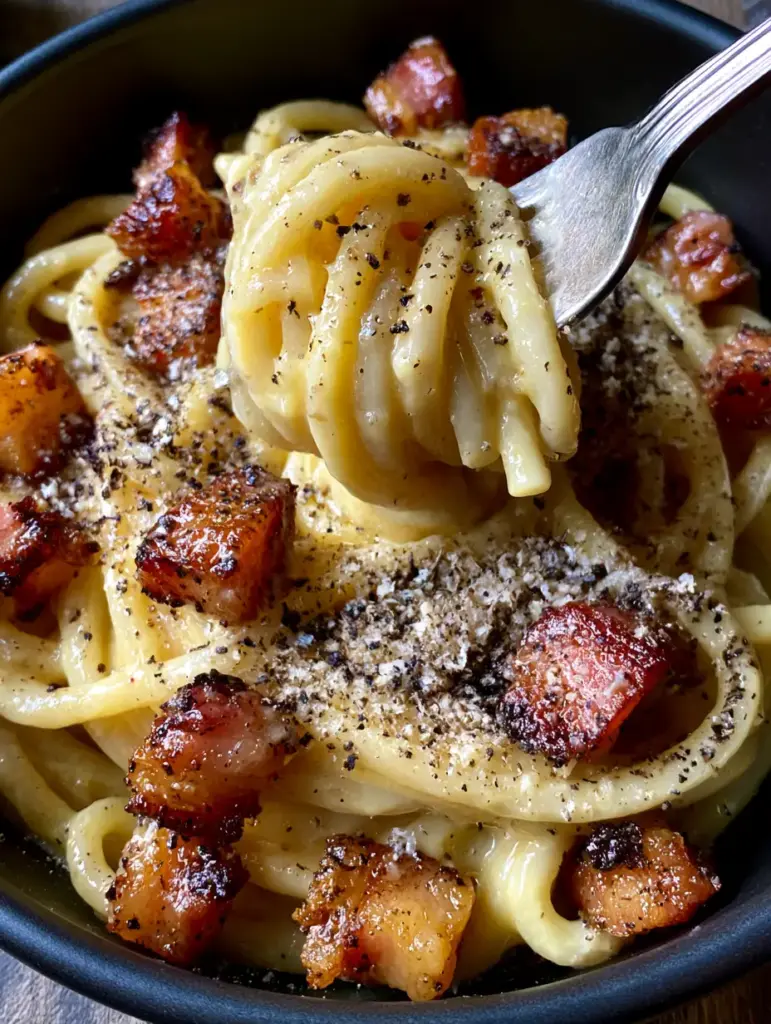 Italian Carbonara: The Definitive Guide to a Glossy Roman Masterpiece 1 Matte black bowl filled with Italian Carbonara featuring a heavy sprinkle of coarsely cracked black pepper and fine pecorino dust.