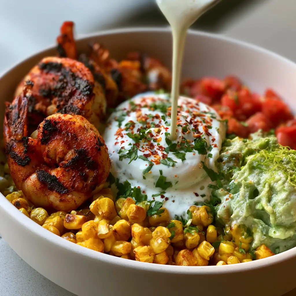 Grilled Shrimp and Avocado Bowls with Creamy Cilantro-Lime Sauce 2 Close up of blackened jumbo shrimp with dark grill marks next to chunky smashed avocado. (Grilled Shrimp and Avocado Bowls)