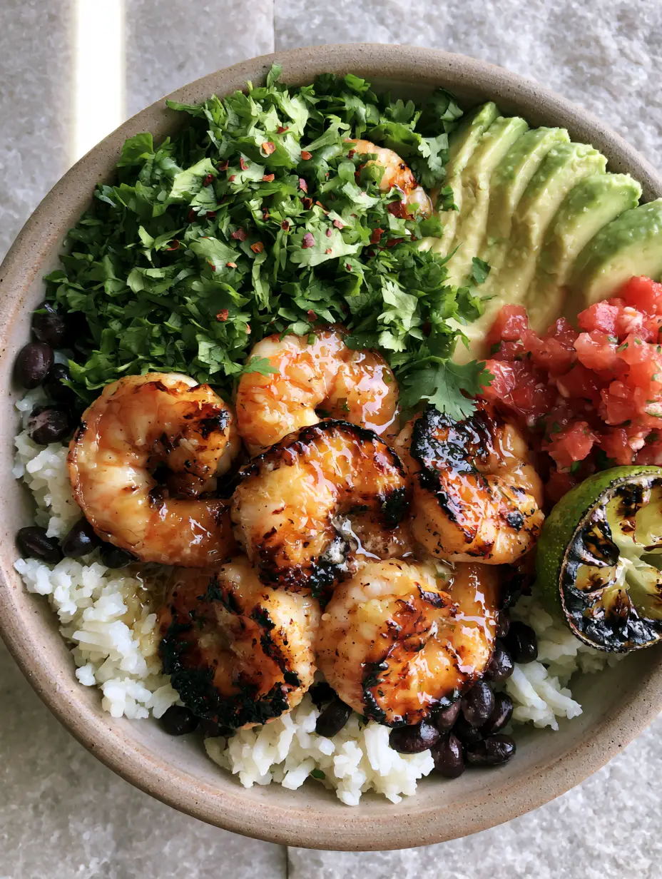 Cilantro Lime Shrimp Bowls with Garlic Butter and Charred Lime 4 Succulent shrimp with charred edges glistening with citrus glaze in a ceramic bowl. (Cilantro Lime Shrimp Bowls)