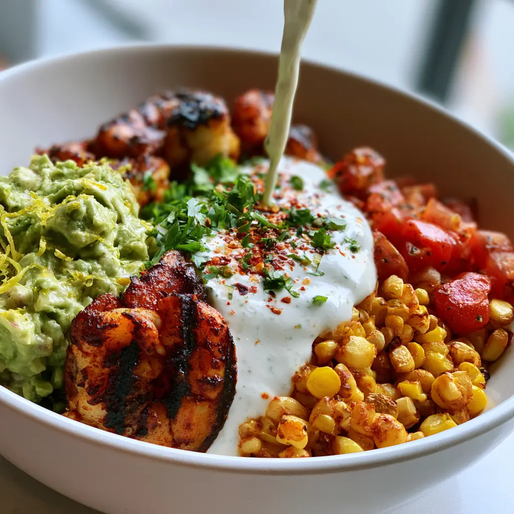 Grilled Shrimp and Avocado Bowls with Creamy Cilantro-Lime Sauce 1 Creamy cilantro-lime sauce being poured over a bowl of grilled shrimp and roasted corn. (Grilled Shrimp and Avocado Bowls)