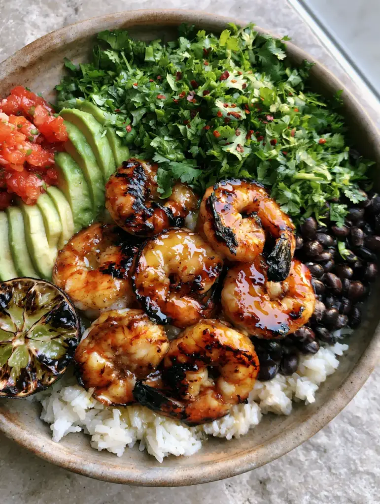 Cilantro Lime Shrimp Bowls with Garlic Butter and Charred Lime 1 A high-angle shot showing the full assembly of Cilantro Lime Shrimp Bowls with pico de gallo and avocado.