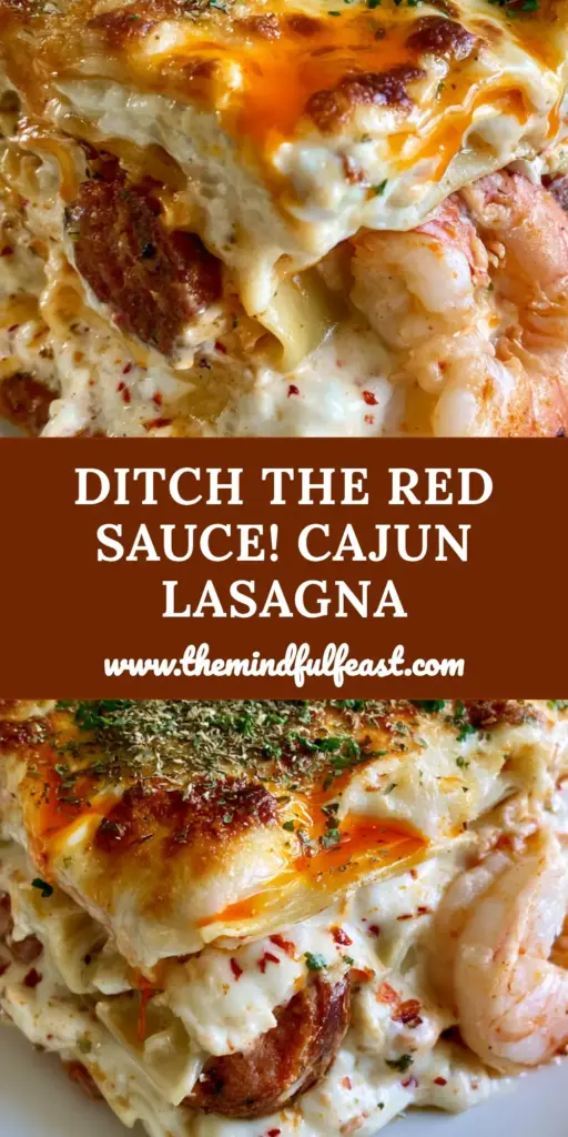 Cajun Lasagna with Seared Andouille and Succulent Shrimp 4 A tall slice of Cajun lasagna showing layers of shrimp, andouille sausage, and bubbly mozzarella. (cajun lasagna)