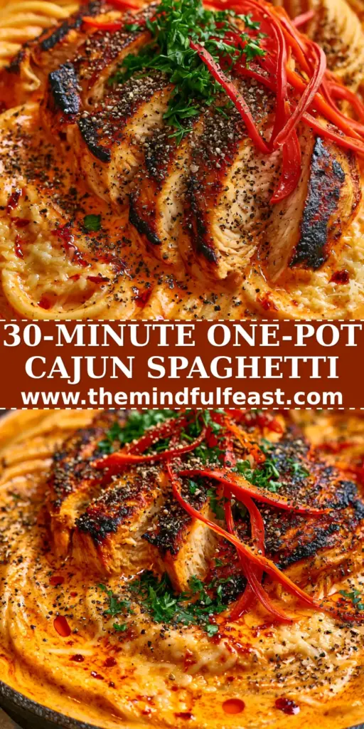 A rustic cast iron skillet filled with creamy Cajun chicken spaghetti, garnished with parsley and red peppers.