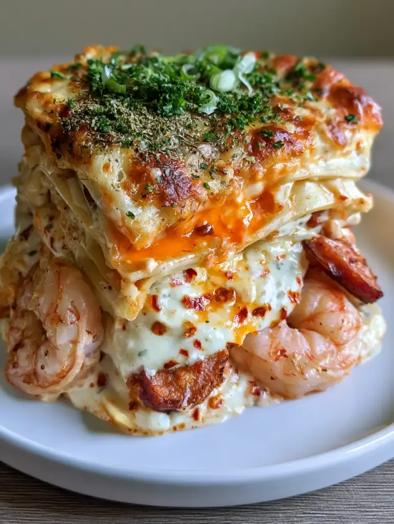 Cajun Lasagna with Seared Andouille and Succulent Shrimp 2 Extreme close-up of Cajun lasagna with vibrant orange oil pooling on melted cheese. (cajun lasagna)