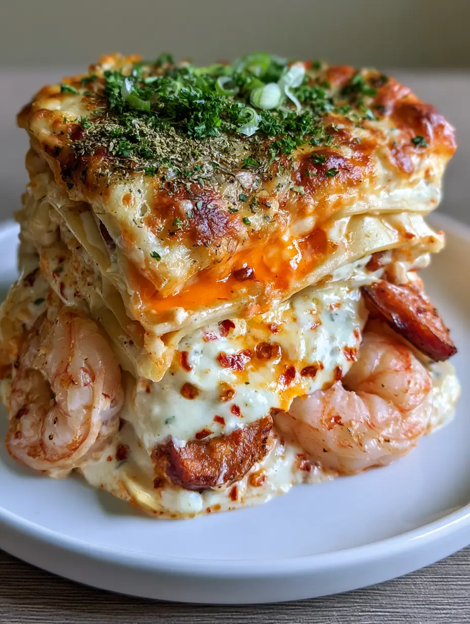 Cajun Lasagna with Seared Andouille and Succulent Shrimp 3 Extreme close-up of Cajun lasagna with vibrant orange oil pooling on melted cheese. (cajun lasagna)