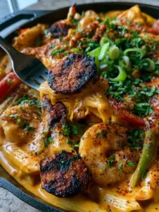 Extreme close-up of Creamy Jambalaya Pasta showing charred sausage rounds and succulent shrimp in a thick orange sauce.