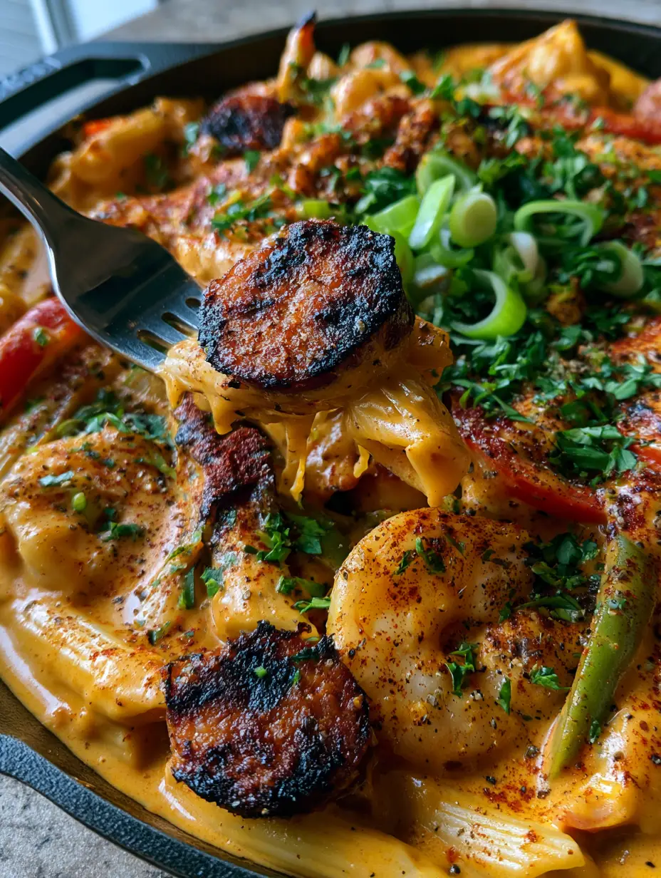 Extreme close-up of Creamy Jambalaya Pasta showing charred sausage rounds and succulent shrimp in a thick orange sauce.
