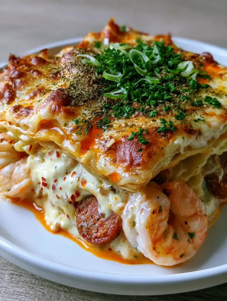 Cajun Lasagna with Seared Andouille and Succulent Shrimp 1 Low angle shot of Cajun lasagna slice with pink shrimp and seared andouille visible.