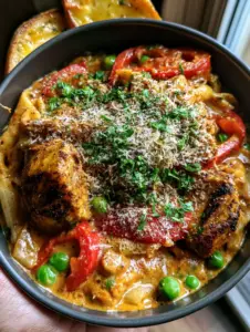 Top-down view of Cajun chicken penne pasta featuring blackened chicken, orange cream sauce, and green peas in a charcoal ceramic bowl. (Cajun chicken penne pasta)