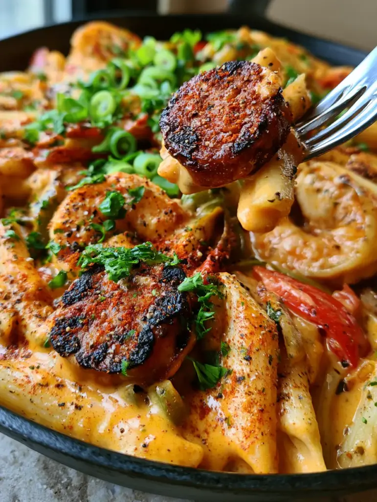 High-angle shot of Creamy Jambalaya Pasta garnished with parsley, scallions, and smoked paprika in a rustic skillet.