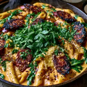 Close-up of orange cajun cream sauce coating penne pasta with charred andouille sausage rounds. (Cajun smoked sausage alfredo pasta)