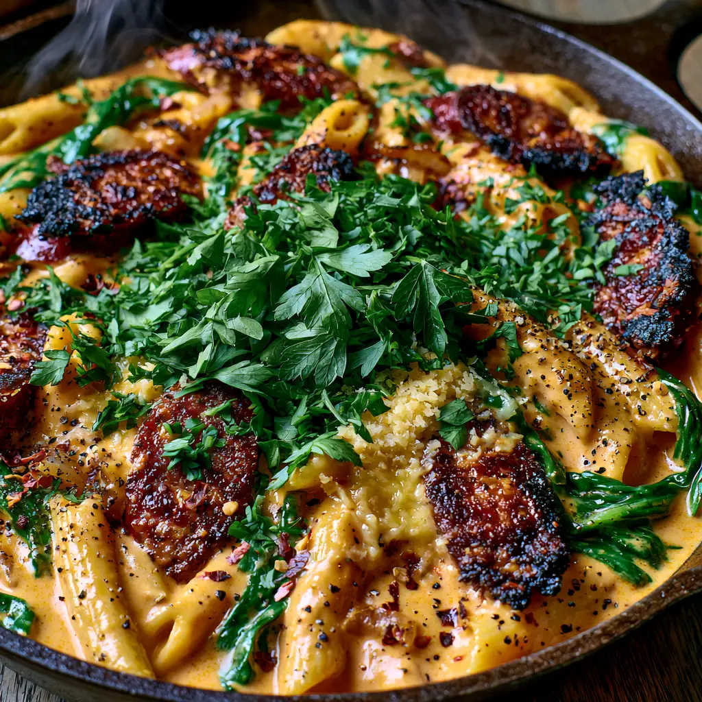 Cajun Smoked Sausage Alfredo Pasta with Charred Andouille 2 Close-up of orange cajun cream sauce coating penne pasta with charred andouille sausage rounds. (Cajun smoked sausage alfredo pasta)