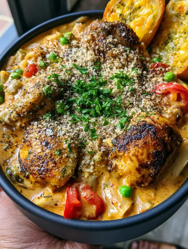 Cajun Chicken Penne Pasta with Creamy Orange Sauce and Cheesy Garlic Bread 1 Detailed close-up of seared Cajun chicken chunks nestled in penne pasta with melted cheese garlic bread on the side.