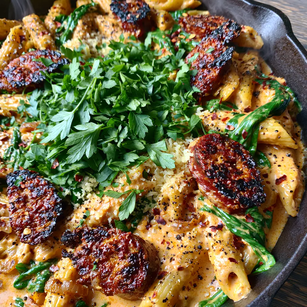 Cajun Smoked Sausage Alfredo Pasta with Charred Andouille 1 Handheld photo of a skillet filled with Cajun smoked sausage alfredo pasta garnished with parsley and parmesan.