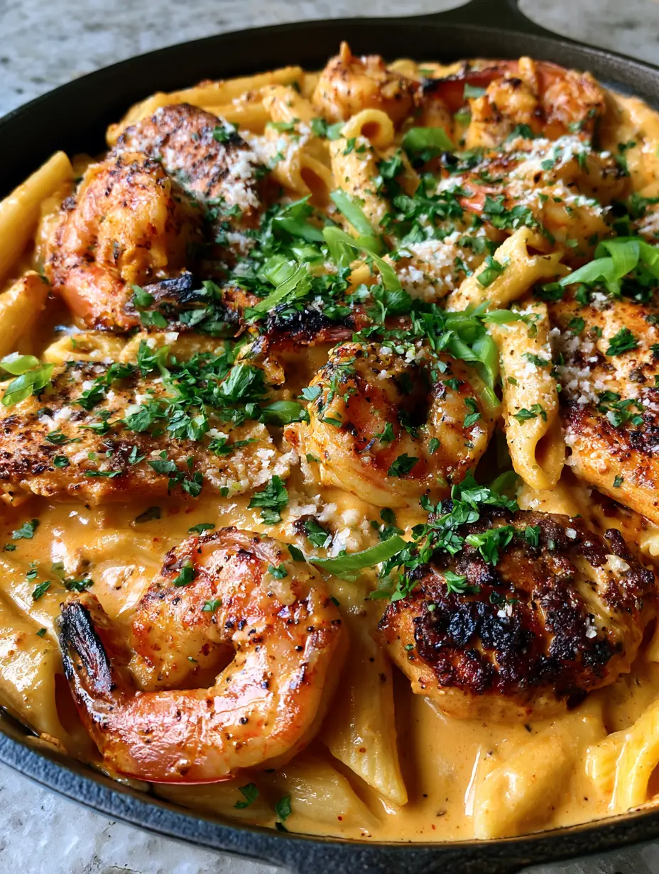 Cajun Chicken and Shrimp Penne with Creamy Sunset-Orange Sauce 4 High-angle view of Cajun chicken and shrimp penne featuring charred shrimp tails and golden-brown chicken in a cast iron skillet.