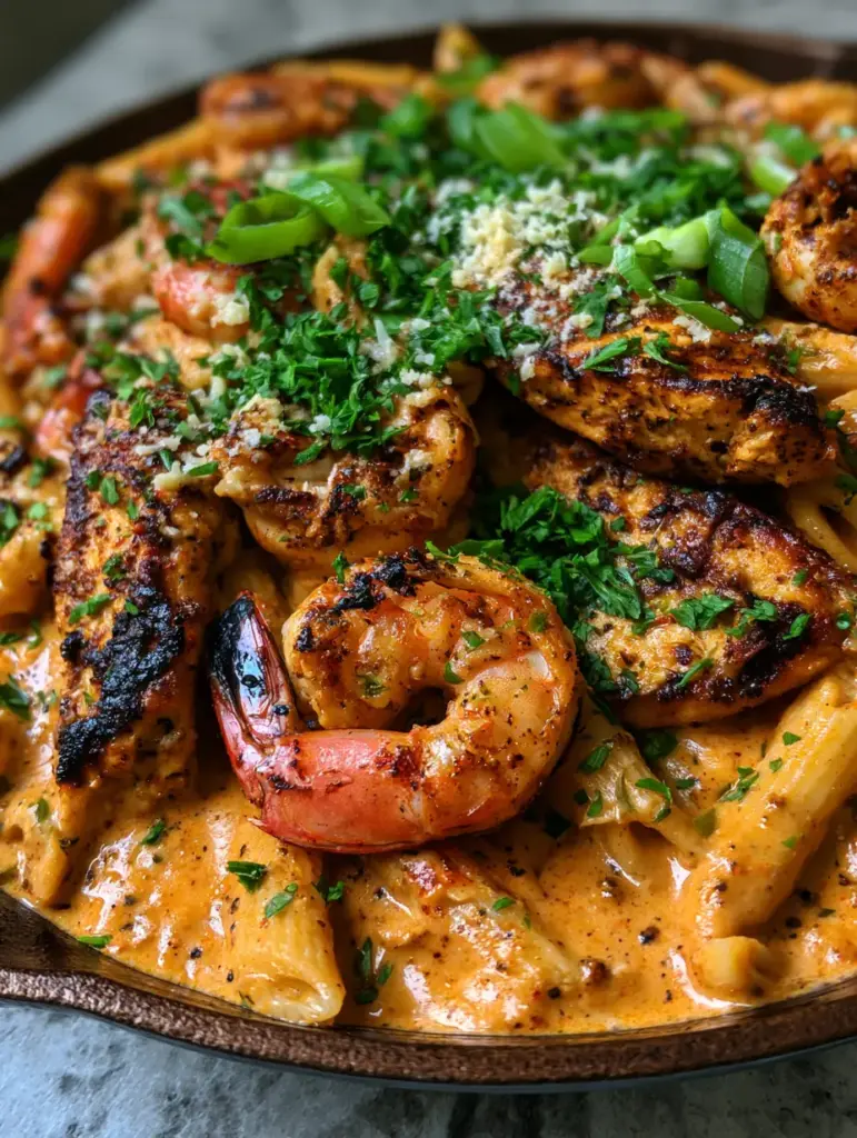 Cajun Chicken and Shrimp Penne with Creamy Sunset-Orange Sauce 1 Close-up of glossy sunset-orange sauce coating penne pasta with flecks of black pepper and red pepper flakes.