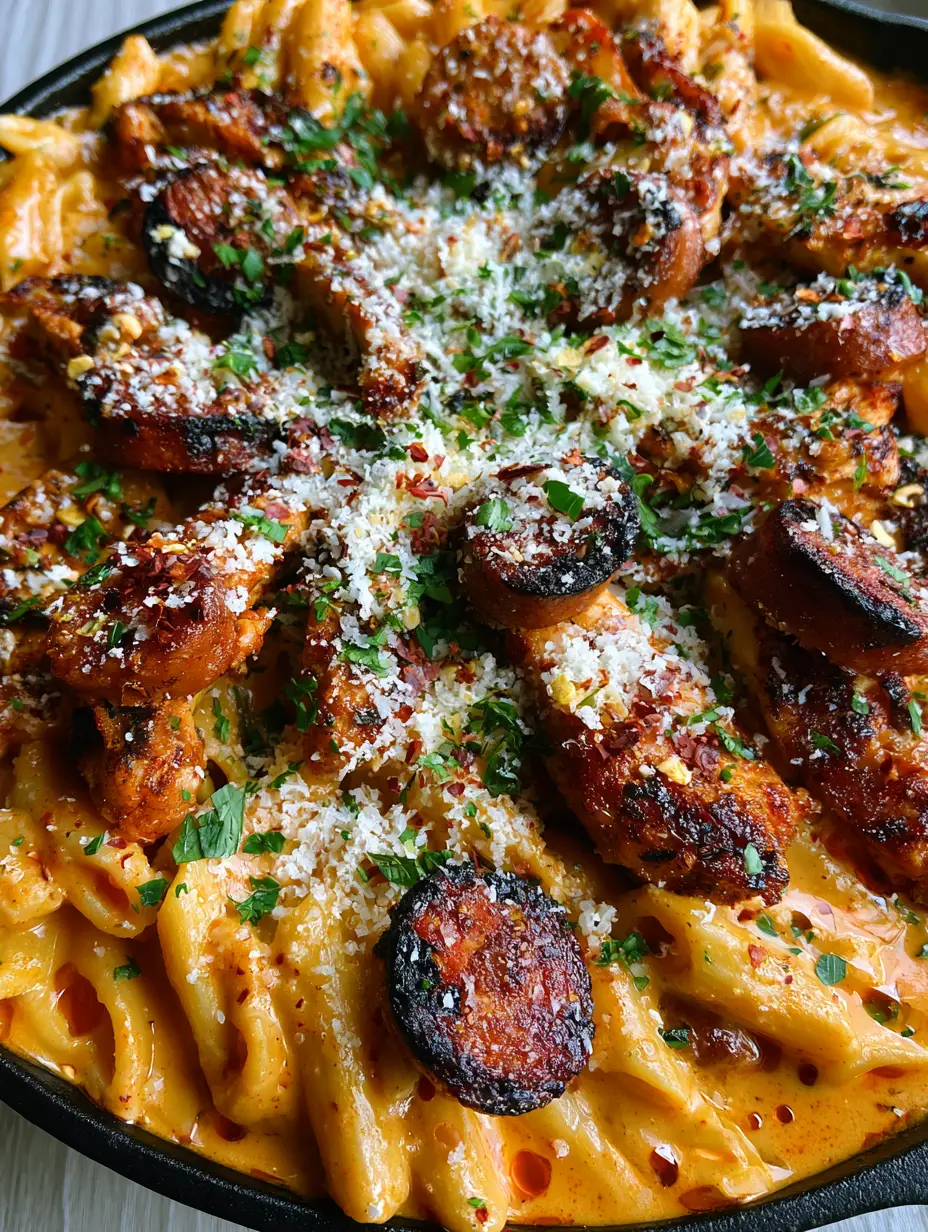 Macro overhead shot of Cajun Sausage and Chicken Pasta showing seared sausage rounds and blackened chicken breast strips in orange sauce.