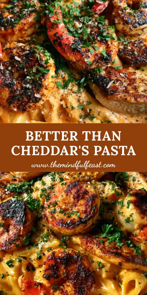 A shallow bowl of New Orleans Pasta Cheddars copycat with sunset-orange sauce, blackened shrimp, and golden chicken breast.