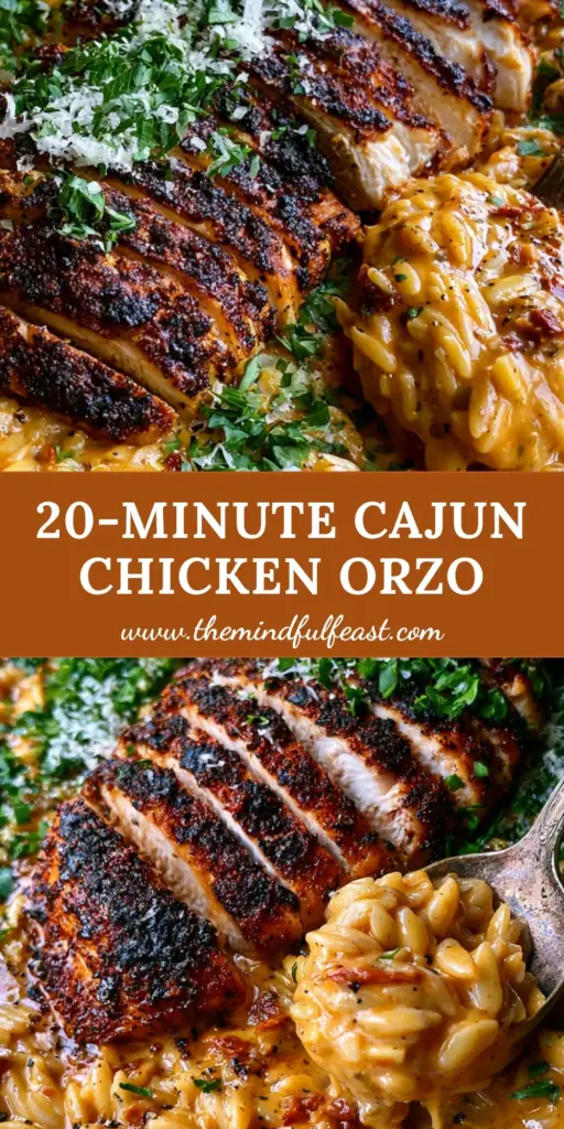 Cajun Chicken Alfredo Orzo: The Ultimate Creamy One-Skillet Blackened Chicken Dinner 4 A top-down view of Cajun chicken Alfredo orzo in a charcoal skillet with sliced blackened chicken and fresh parsley garnish.
