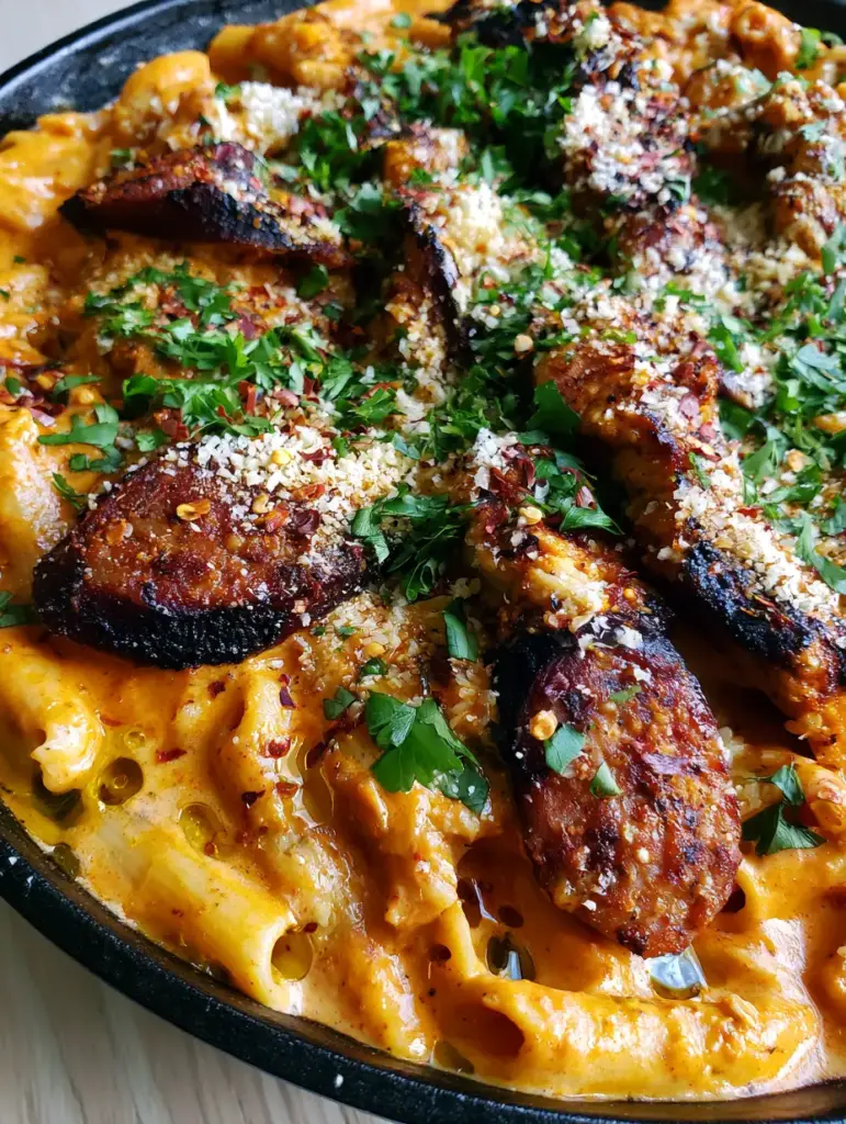 Close up of al dente penne pasta coated in vibrant orange Cajun cream sauce with red pepper flakes and parmesan.