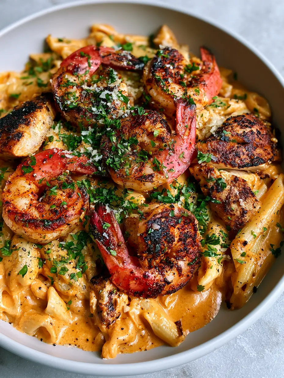 Close-up of creamy New Orleans Pasta with charred jumbo shrimp and sliced chicken in a white bowl. (New Orleans Pasta Cheddars copycat)