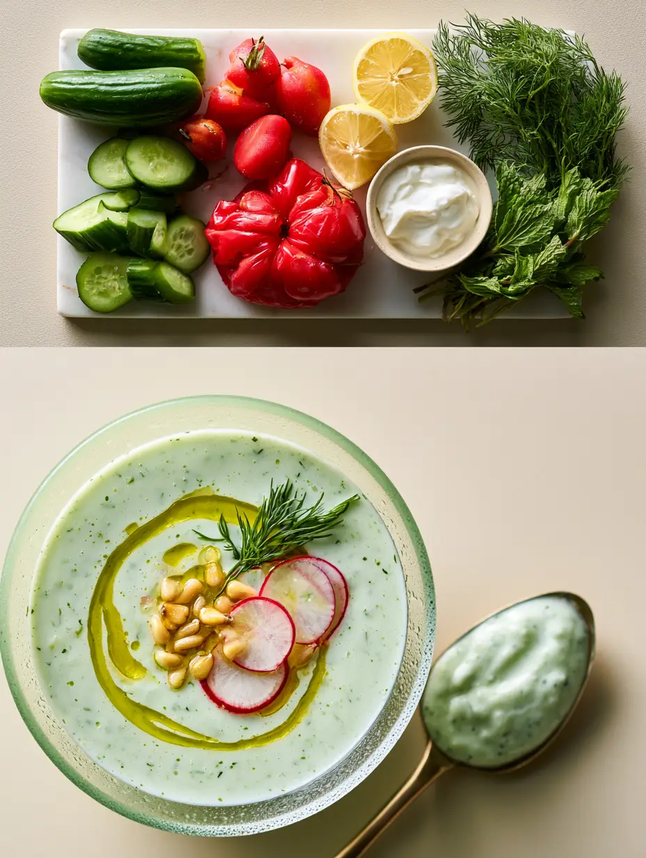 Split view showing deconstructed ingredients like cucumbers and tomatoes on top, and a macro view of the green soup on bottom. (Summer soups)
