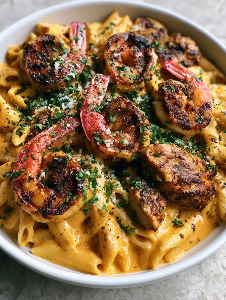 A 45-degree angle shot of New Orleans Pasta Cheddars copycat showing the blackened spice crust on the shrimp.