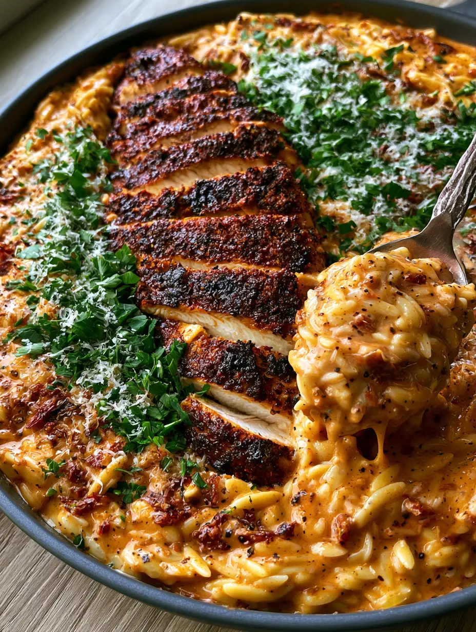 Cajun Chicken Alfredo Orzo: The Ultimate Creamy One-Skillet Blackened Chicken Dinner 3 Close up of creamy orange-hued orzo with sliced Cajun chicken strips and micro-planed parmesan cheese garnish. (Cajun chicken Alfredo orzo)