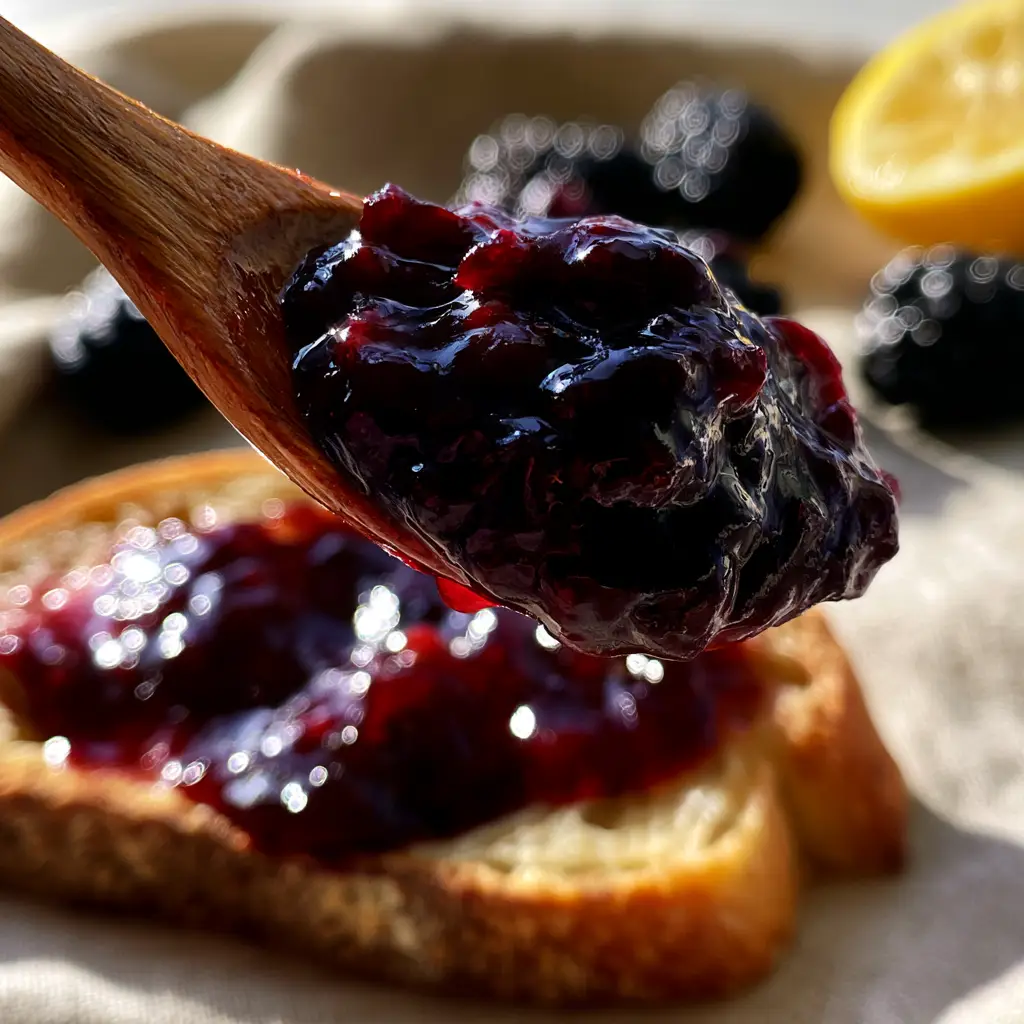 Blackberry Jam Recipe: The Ultimate Seedless Obsidian Preserve 2 Close-up of glistening, seedless blackberry jam on a wooden spoon over sourdough. (blackberry jam recipe)